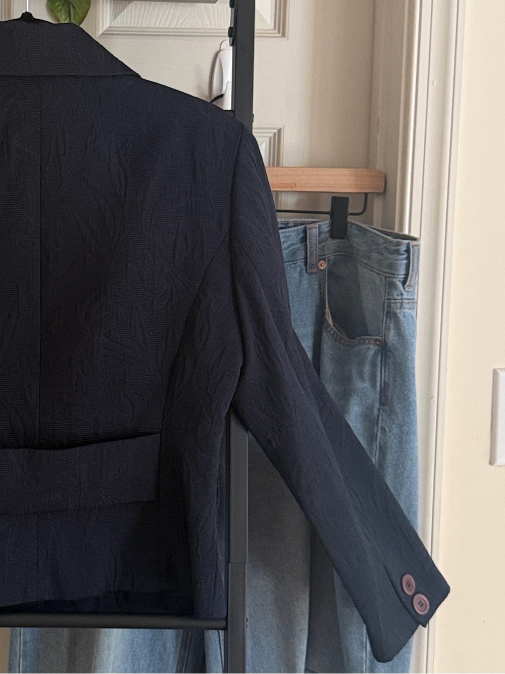 Talbots Navy Blue Cropped Structured Blazer with Burgundy Buttons - Picture 13 of 16